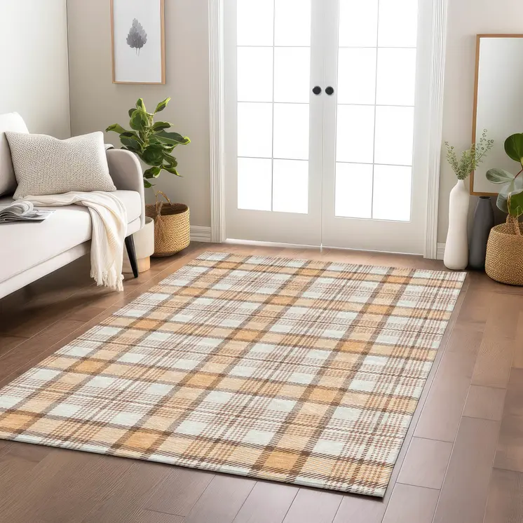 5' X 8' Peach And Beige Plaid Washable Indoor Outdoor Area Rug