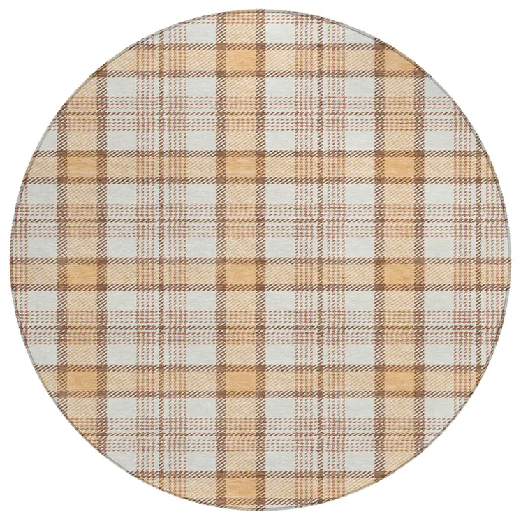 8' Peach And Beige Round Plaid Washable Indoor Outdoor Area Rug