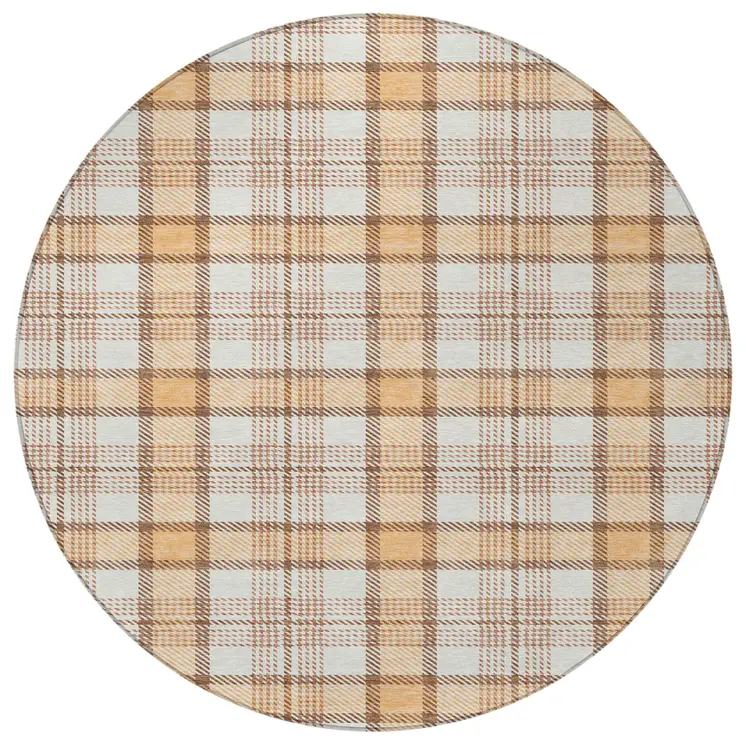 8' Peach And Beige Round Plaid Washable Indoor Outdoor Area Rug