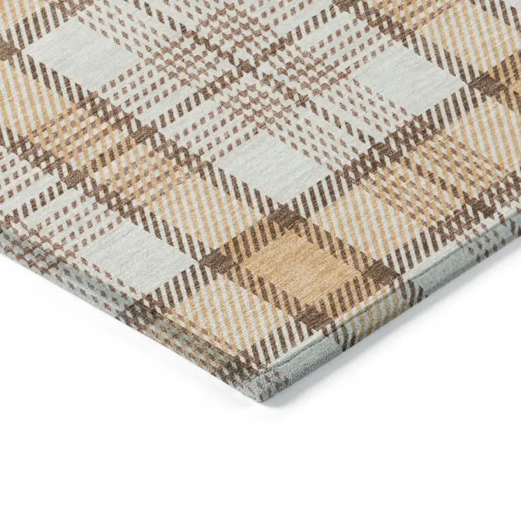 9' X 12' Peach And Beige Plaid Washable Indoor Outdoor Area Rug