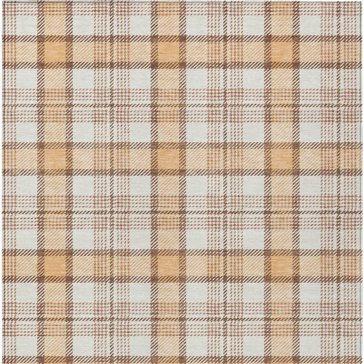 9' X 12' Peach And Beige Plaid Washable Indoor Outdoor Area Rug