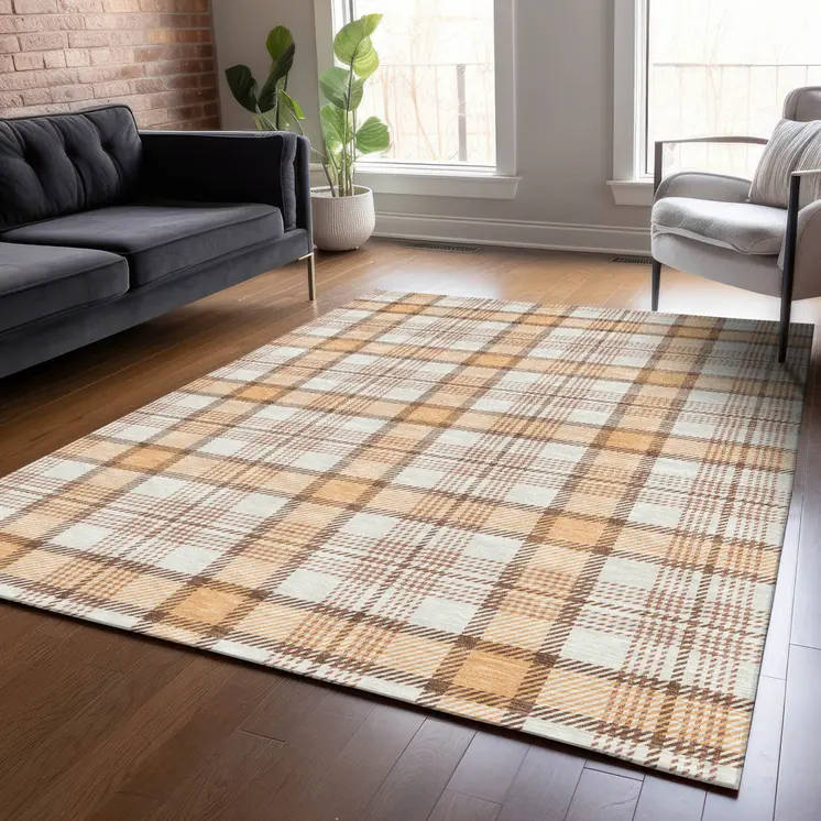 9' X 12' Peach And Beige Plaid Washable Indoor Outdoor Area Rug
