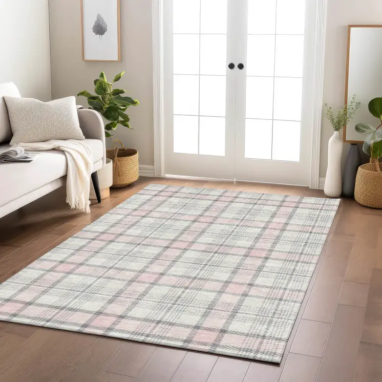 3' X 5' Pink And Gray Plaid Washable Indoor Outdoor Area Rug
