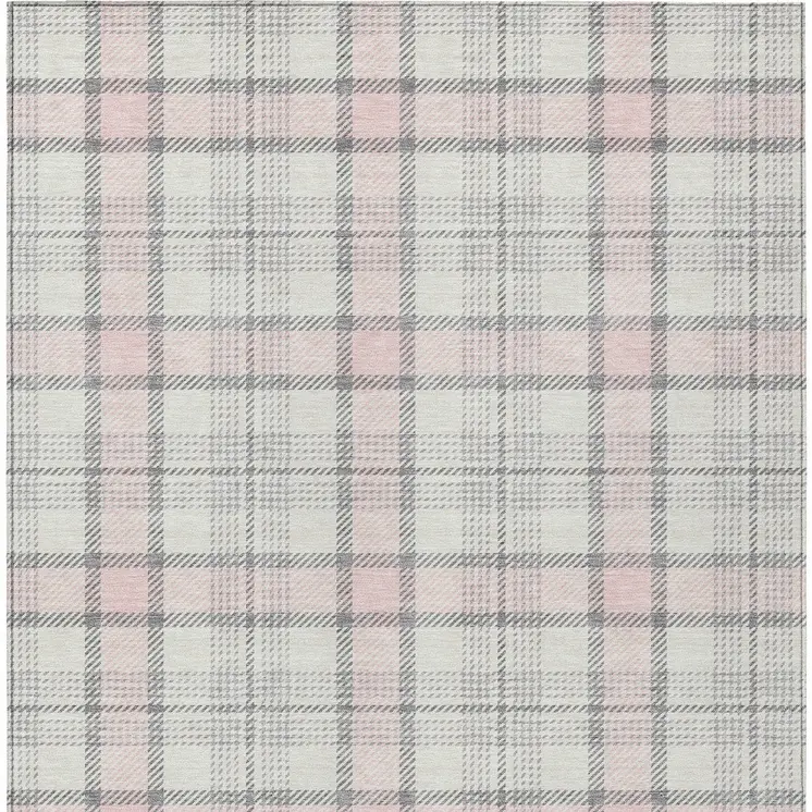5' X 8' Pink And Gray Plaid Washable Indoor Outdoor Area Rug