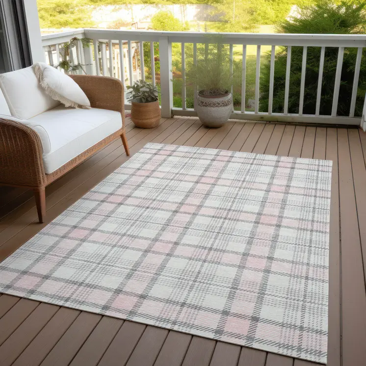 5' X 8' Pink And Gray Plaid Washable Indoor Outdoor Area Rug