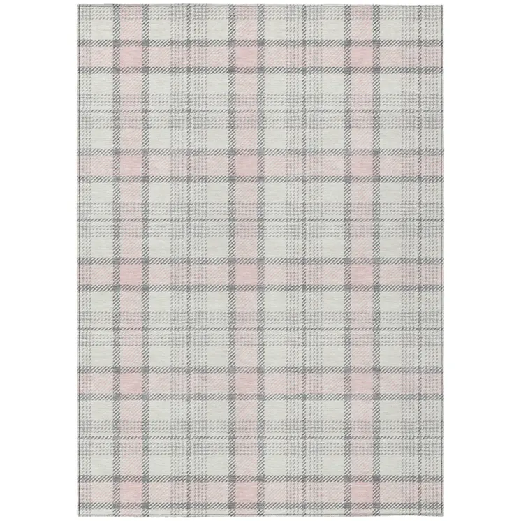 5' X 8' Pink And Gray Plaid Washable Indoor Outdoor Area Rug