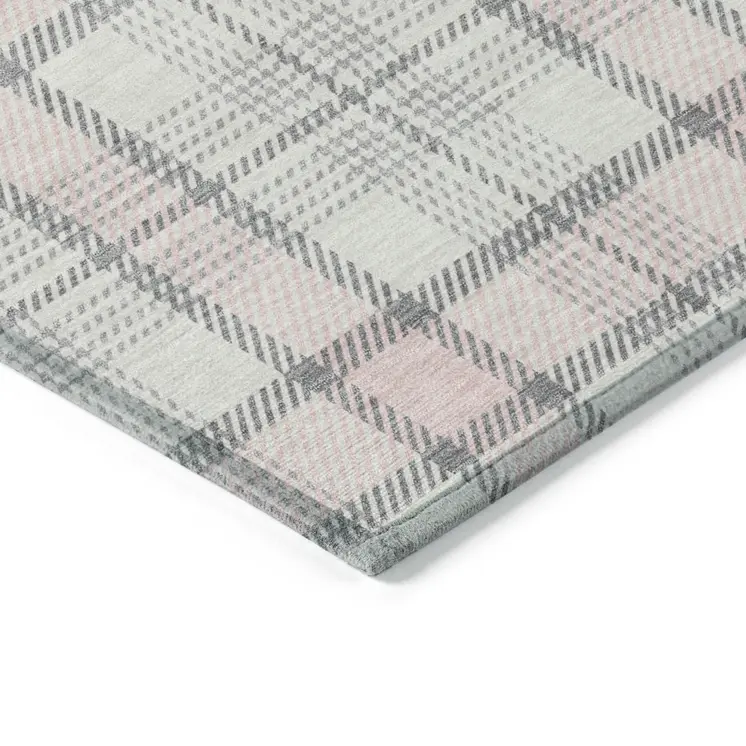 5' X 8' Pink And Gray Plaid Washable Indoor Outdoor Area Rug
