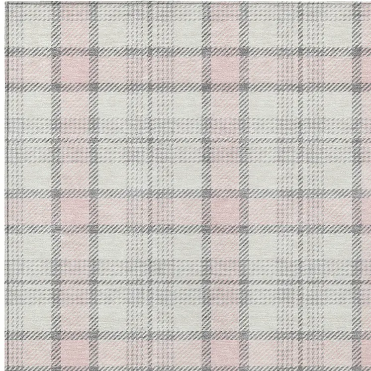 5' X 8' Pink And Gray Plaid Washable Indoor Outdoor Area Rug