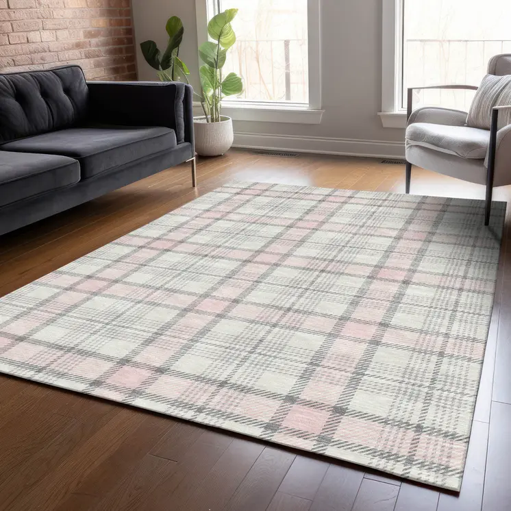 9' X 12' Pink And Gray Plaid Washable Indoor Outdoor Area Rug
