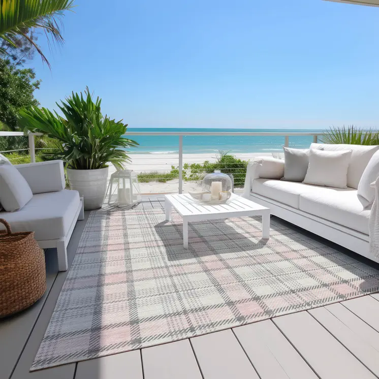 9' X 12' Pink And Gray Plaid Washable Indoor Outdoor Area Rug