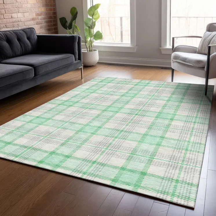 3' X 5' Green And Gray Plaid Washable Indoor Outdoor Area Rug