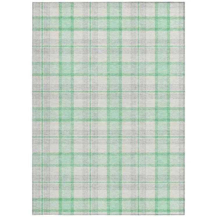 9' X 12' Green And Gray Plaid Washable Indoor Outdoor Area Rug