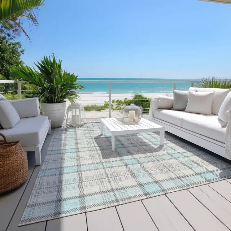 3' X 5' Sky Blue And Gray Plaid Washable Indoor Outdoor Area Rug