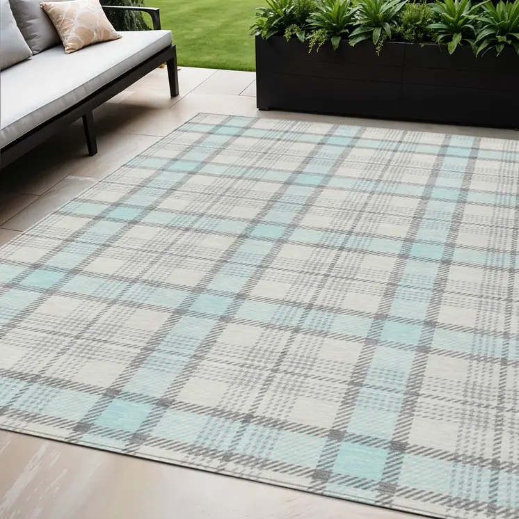 5' X 8' Sky Blue And Gray Plaid Washable Indoor Outdoor Area Rug