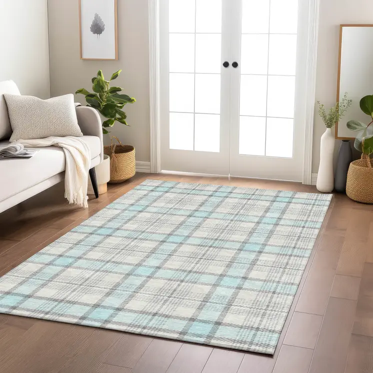 5' X 8' Sky Blue And Gray Plaid Washable Indoor Outdoor Area Rug