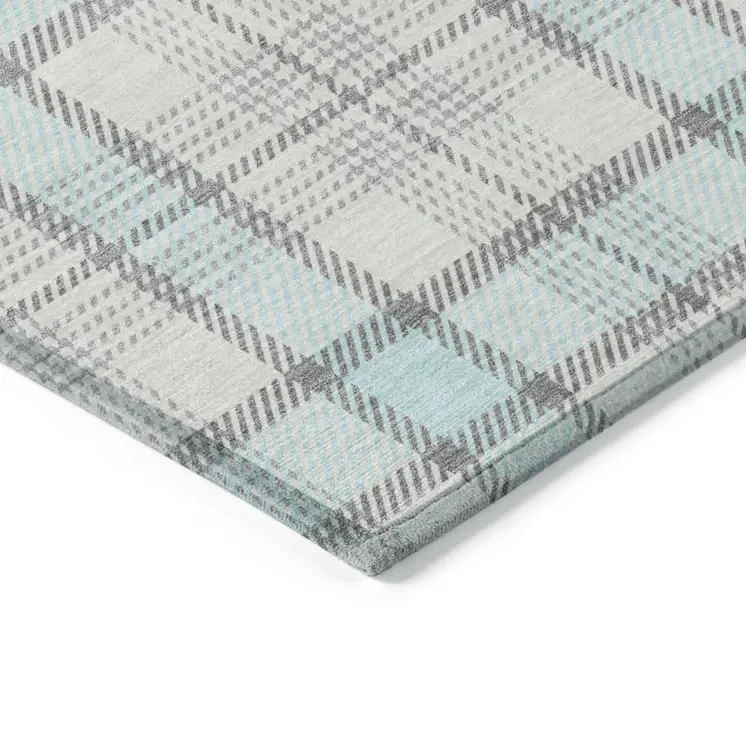 8' X 10' Sky Blue And Gray Plaid Washable Indoor Outdoor Area Rug
