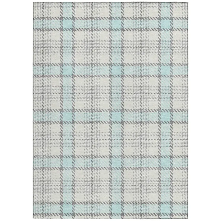 8' X 10' Sky Blue And Gray Plaid Washable Indoor Outdoor Area Rug