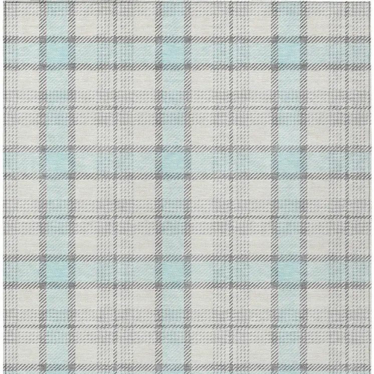 9' X 12' Sky Blue And Gray Plaid Washable Indoor Outdoor Area Rug