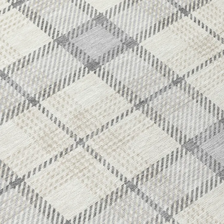8' Silver And Gray Round Plaid Washable Indoor Outdoor Area Rug