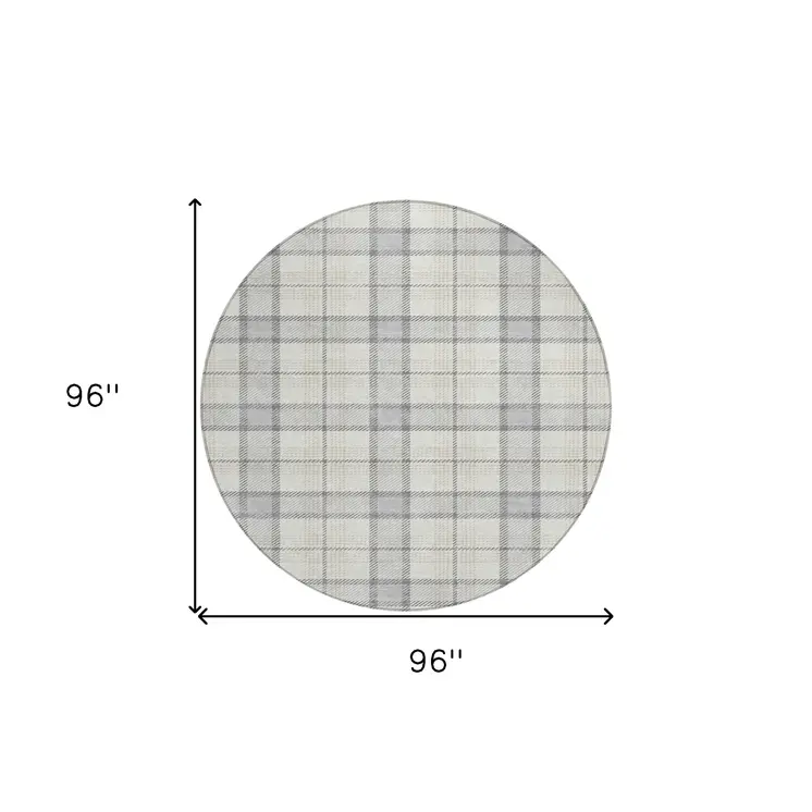8' Silver And Gray Round Plaid Washable Indoor Outdoor Area Rug