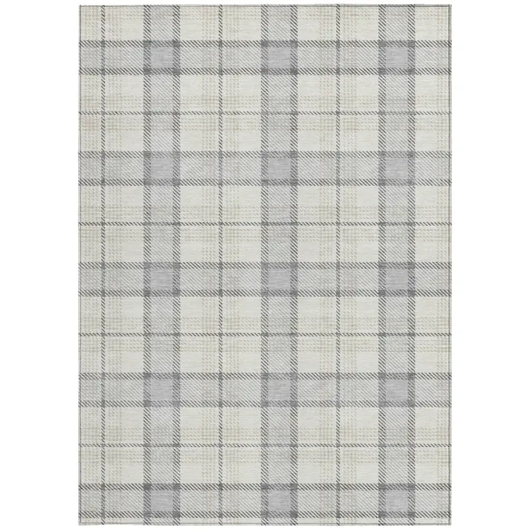 8' X 10' Silver And Gray Plaid Washable Indoor Outdoor Area Rug