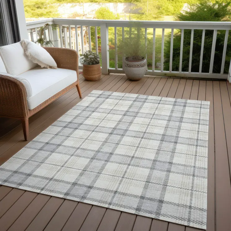 9' X 12' Silver And Gray Plaid Washable Indoor Outdoor Area Rug