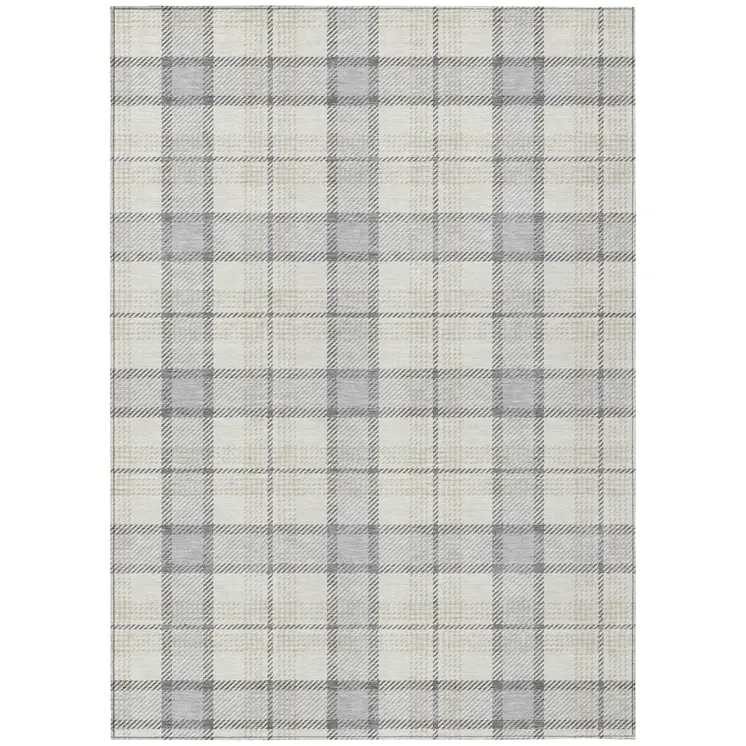 9' X 12' Silver And Gray Plaid Washable Indoor Outdoor Area Rug