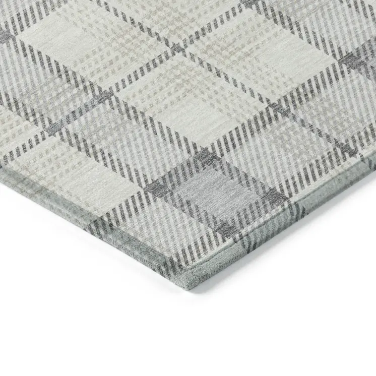 9' X 12' Silver And Gray Plaid Washable Indoor Outdoor Area Rug