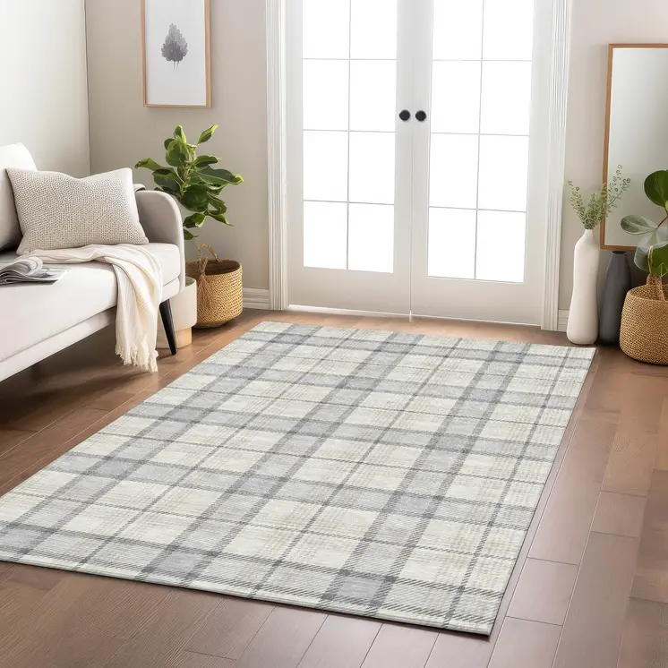 9' X 12' Silver And Gray Plaid Washable Indoor Outdoor Area Rug