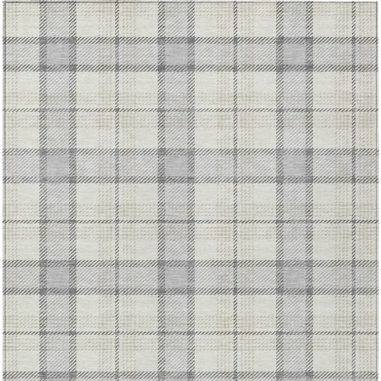 10' X 14' Silver And Gray Plaid Washable Indoor Outdoor Area Rug