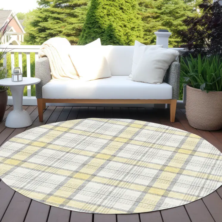 8' Yellow And Gray Round Plaid Washable Indoor Outdoor Area Rug