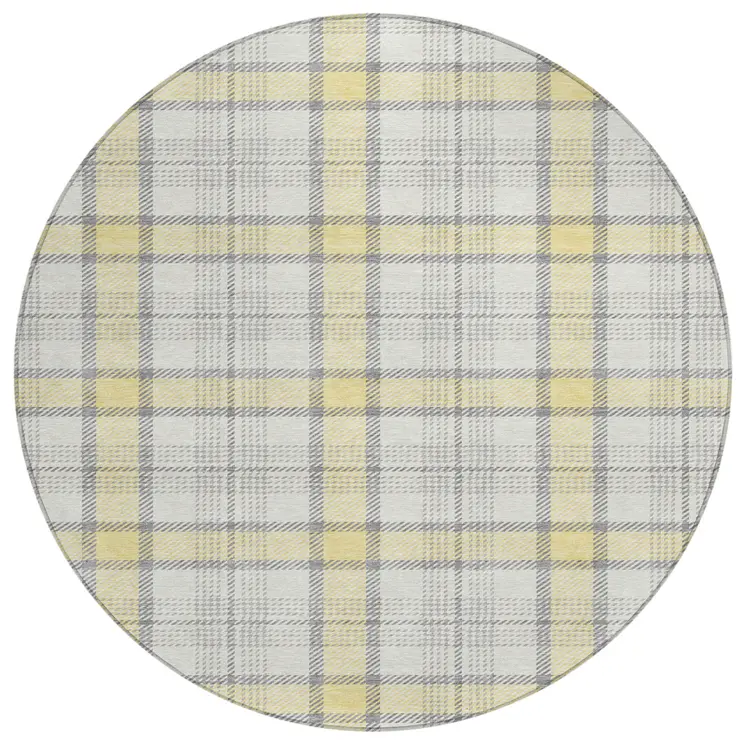 8' Yellow And Gray Round Plaid Washable Indoor Outdoor Area Rug