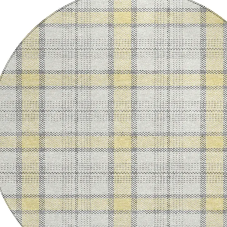 8' Yellow And Gray Round Plaid Washable Indoor Outdoor Area Rug