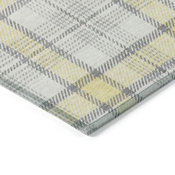 8' Yellow And Gray Round Plaid Washable Indoor Outdoor Area Rug