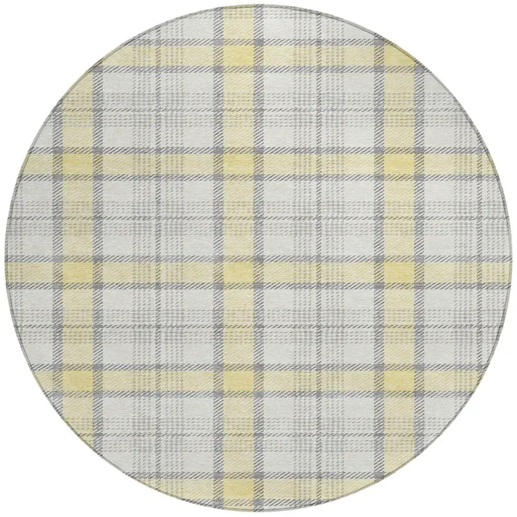 8' Yellow And Gray Round Plaid Washable Indoor Outdoor Area Rug