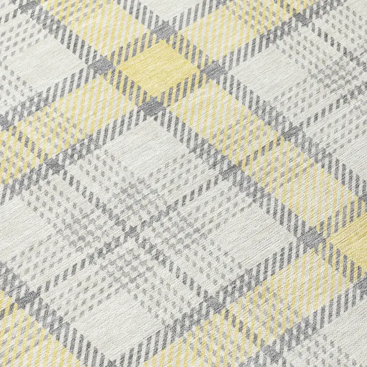 8' Yellow And Gray Round Plaid Washable Indoor Outdoor Area Rug