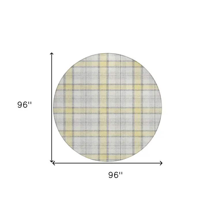 8' Yellow And Gray Round Plaid Washable Indoor Outdoor Area Rug
