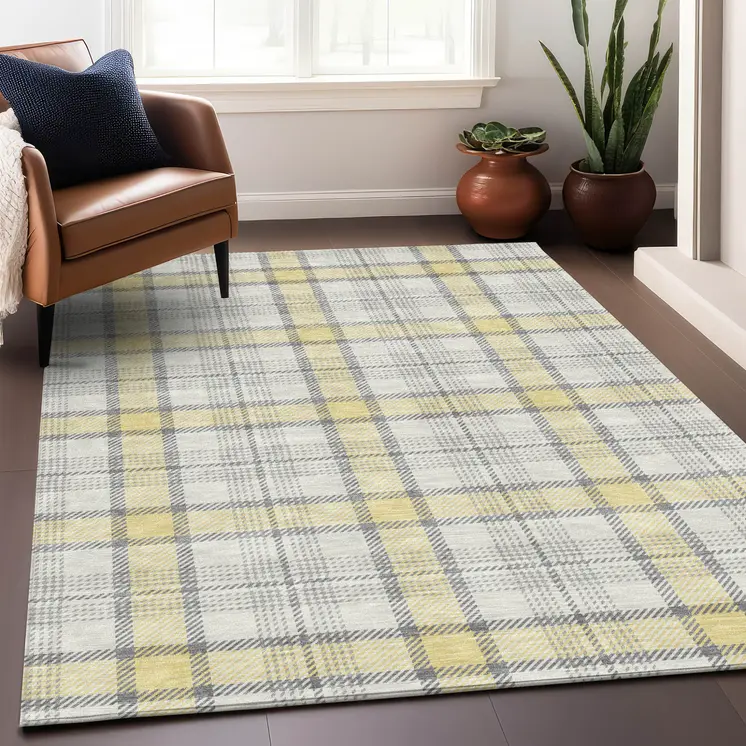 8' X 10' Yellow And Gray Plaid Washable Indoor Outdoor Area Rug