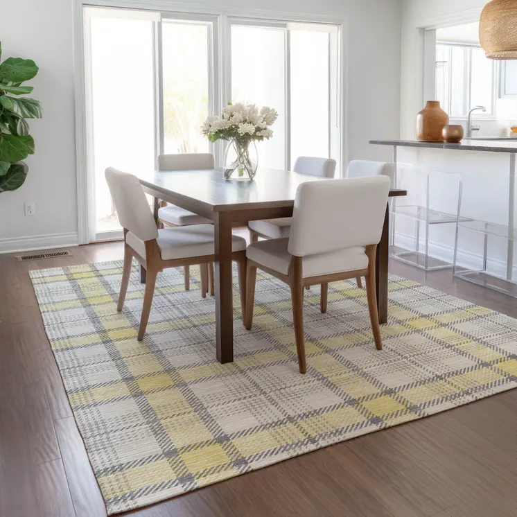 8' X 10' Yellow And Gray Plaid Washable Indoor Outdoor Area Rug