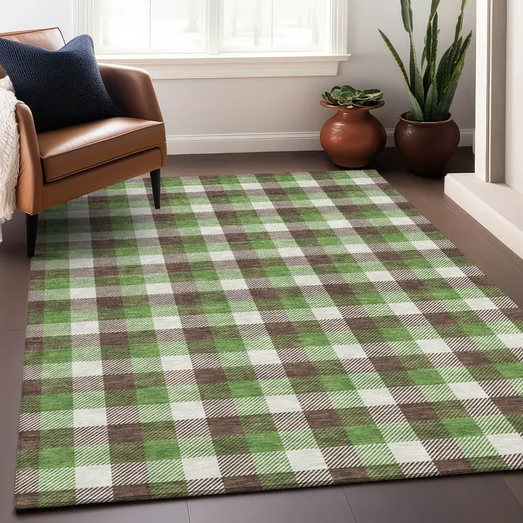 3' X 5' Brown Green And Beige Plaid Washable Indoor Outdoor Area Rug