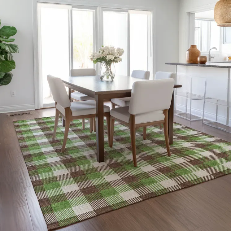 3' X 5' Brown Green And Beige Plaid Washable Indoor Outdoor Area Rug