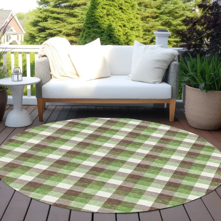 8' Brown Green And Beige Round Plaid Washable Indoor Outdoor Area Rug