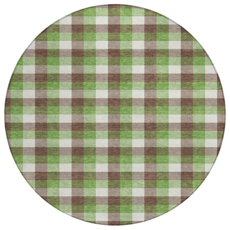 8' Brown Green And Beige Round Plaid Washable Indoor Outdoor Area Rug