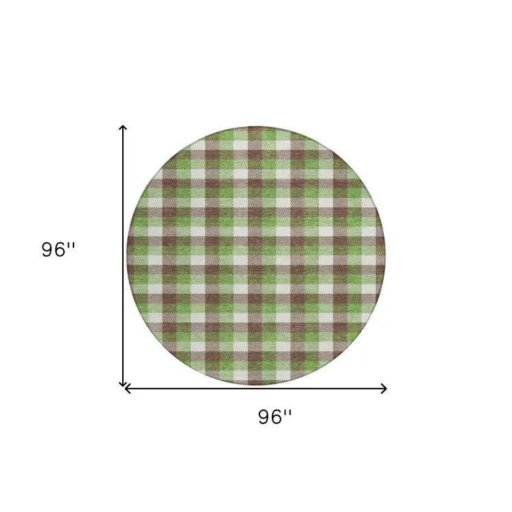 8' Brown Green And Beige Round Plaid Washable Indoor Outdoor Area Rug