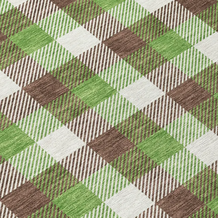 8' Brown Green And Beige Round Plaid Washable Indoor Outdoor Area Rug