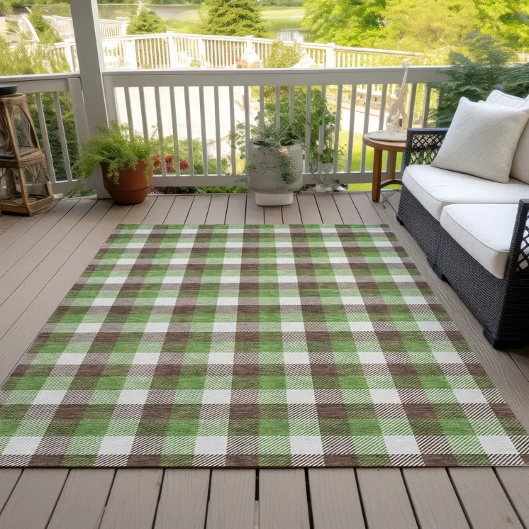 10' X 14' Brown Green And Beige Plaid Washable Indoor Outdoor Area Rug
