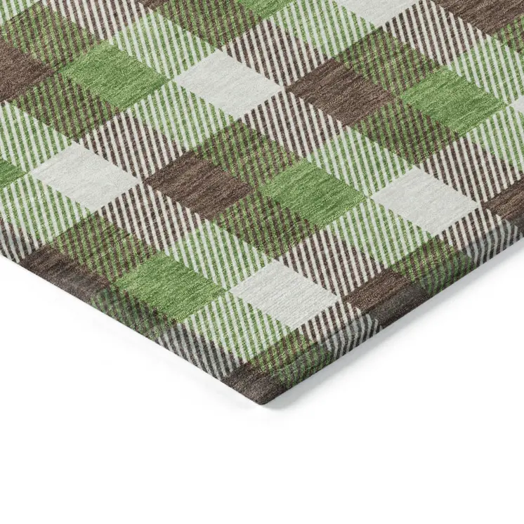 10' X 14' Brown Green And Beige Plaid Washable Indoor Outdoor Area Rug