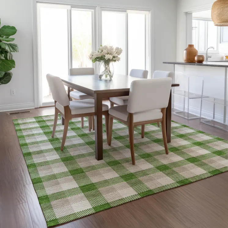 3' X 5' Emerald And Gray Plaid Washable Indoor Outdoor Area Rug