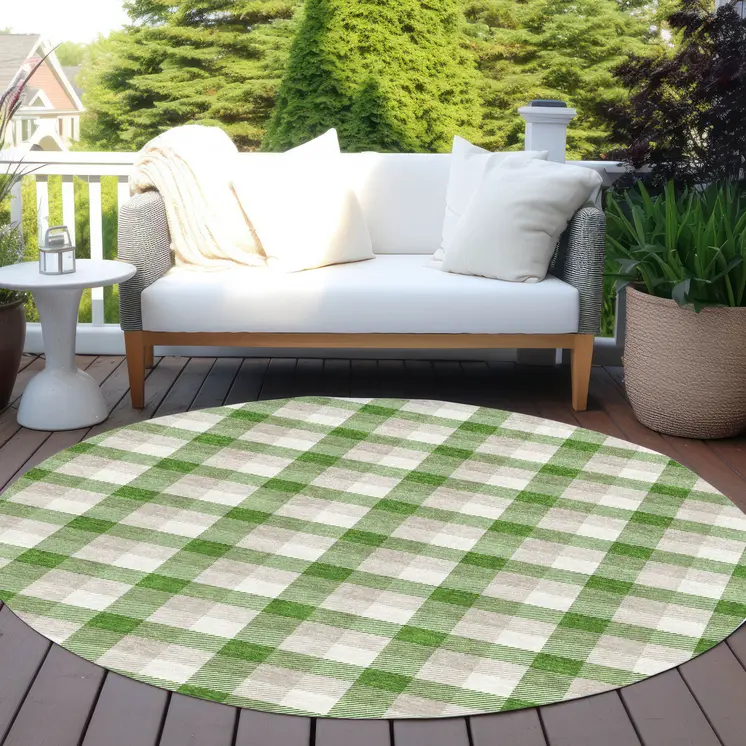 8' Emerald And Gray Round Plaid Washable Indoor Outdoor Area Rug