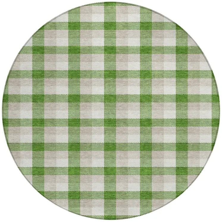 8' Emerald And Gray Round Plaid Washable Indoor Outdoor Area Rug